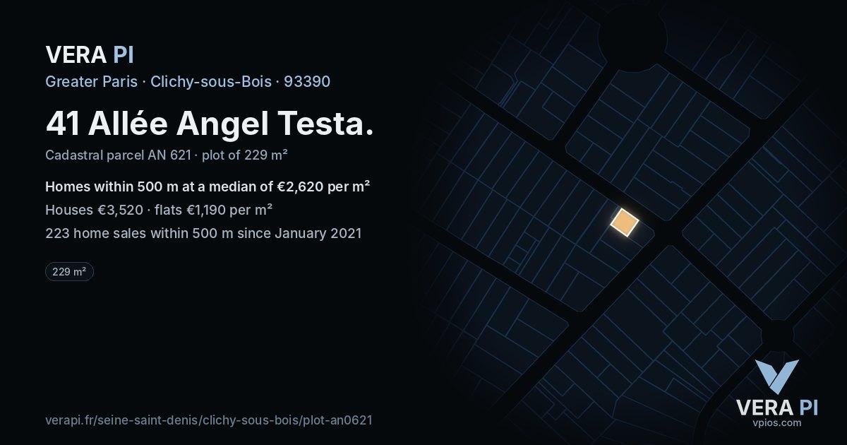 41 Allée Angel Testa, Clichy-sous-Bois at night – the plot lit, the parcels around coloured by the prices near them
