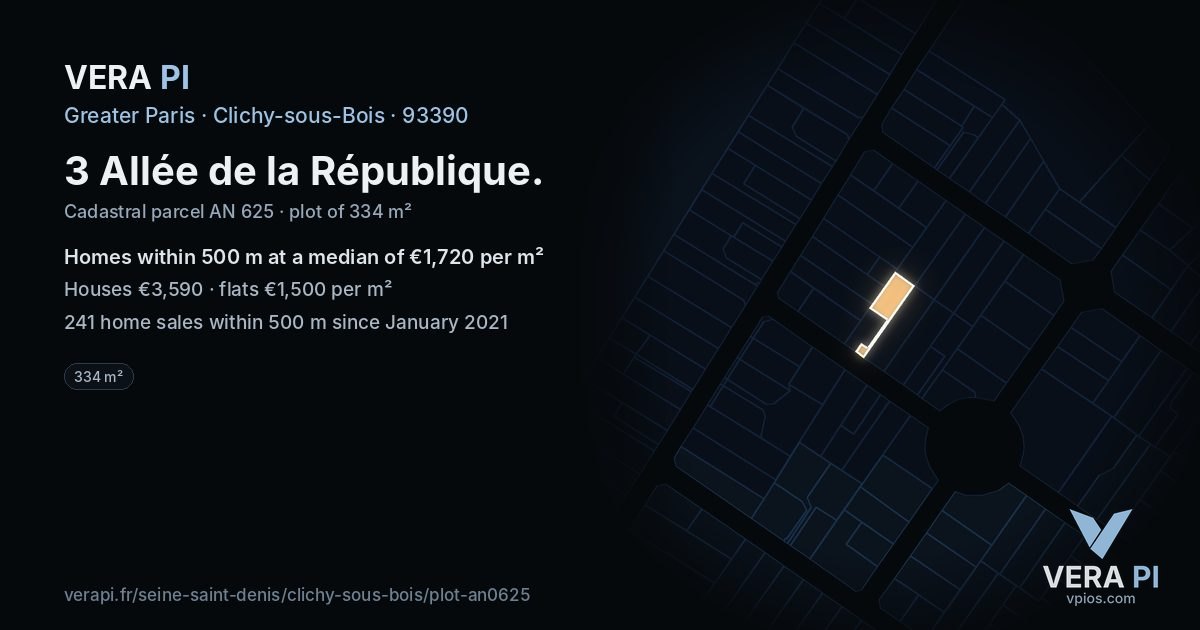 3 Allée de la République, Clichy-sous-Bois at night – the plot lit, the parcels around coloured by the prices near them