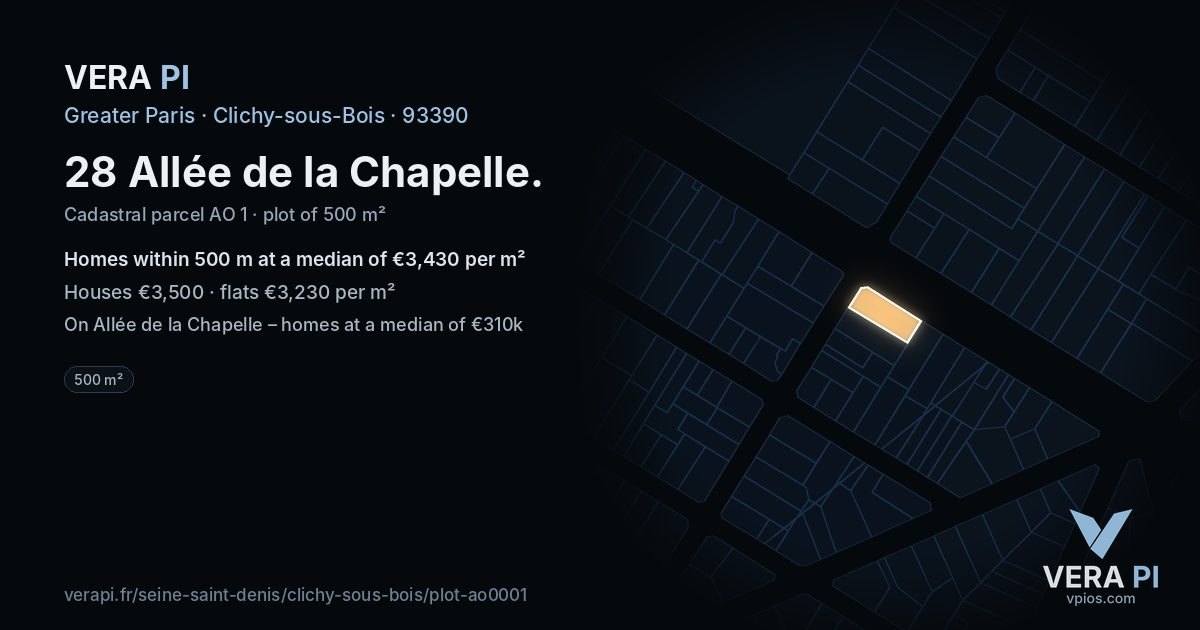 28 Allée de la Chapelle, Clichy-sous-Bois at night – the plot lit, the parcels around coloured by the prices near them
