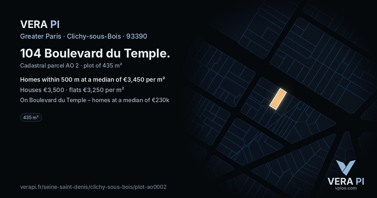 104 Boulevard du Temple, Clichy-sous-Bois at night – the plot lit, the parcels around coloured by the prices near them