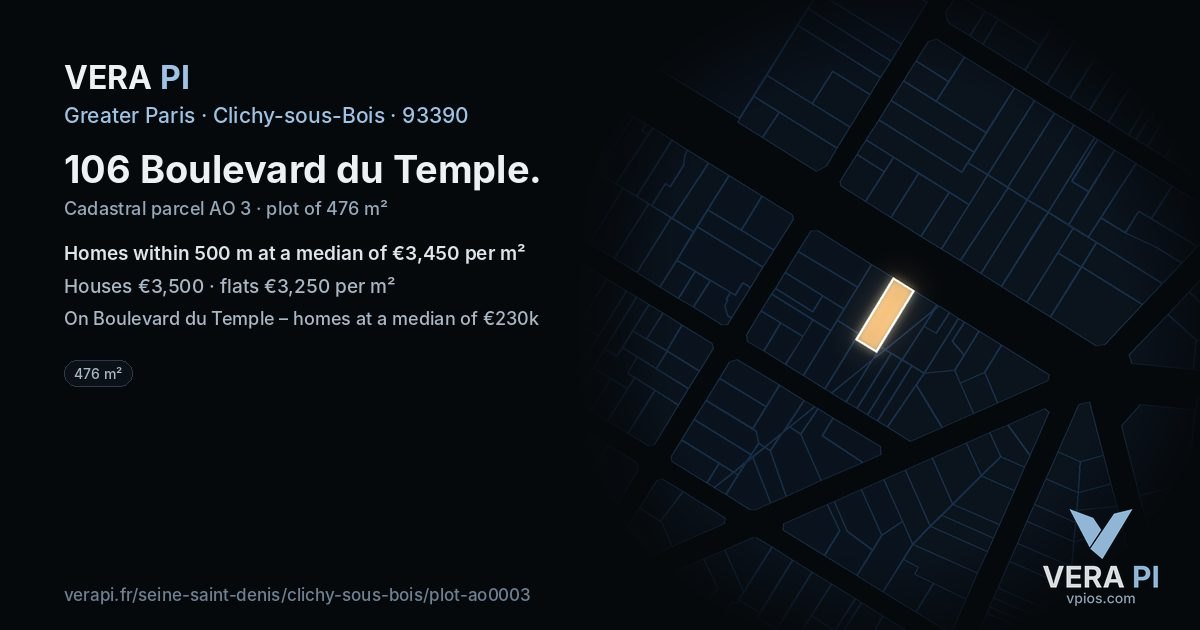 106 Boulevard du Temple, Clichy-sous-Bois at night – the plot lit, the parcels around coloured by the prices near them