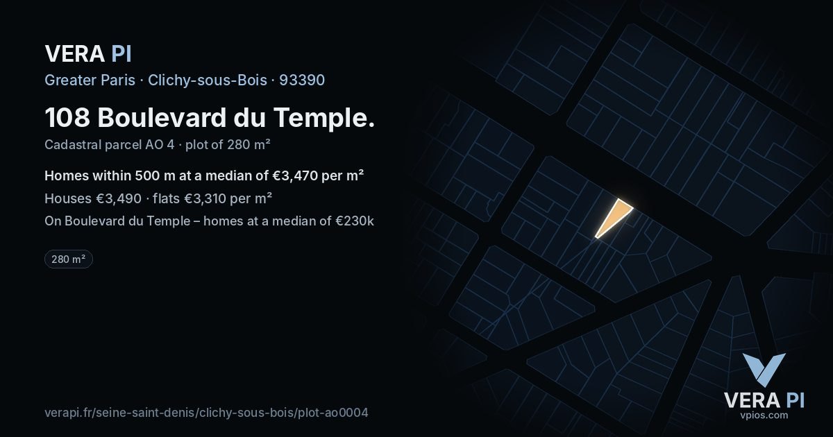 108 Boulevard du Temple, Clichy-sous-Bois at night – the plot lit, the parcels around coloured by the prices near them