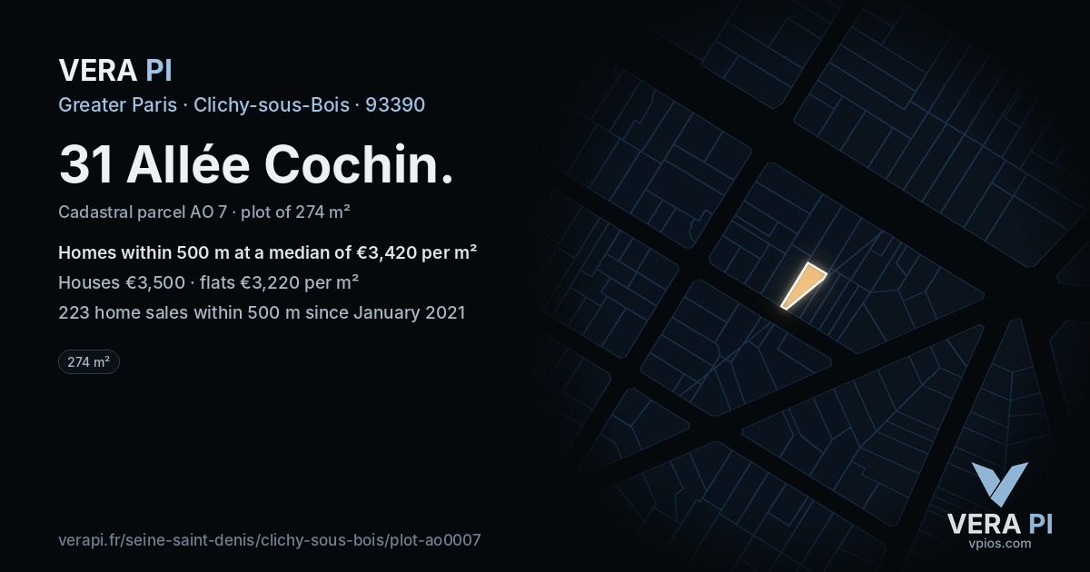 31 Allée Cochin, Clichy-sous-Bois at night – the plot lit, the parcels around coloured by the prices near them
