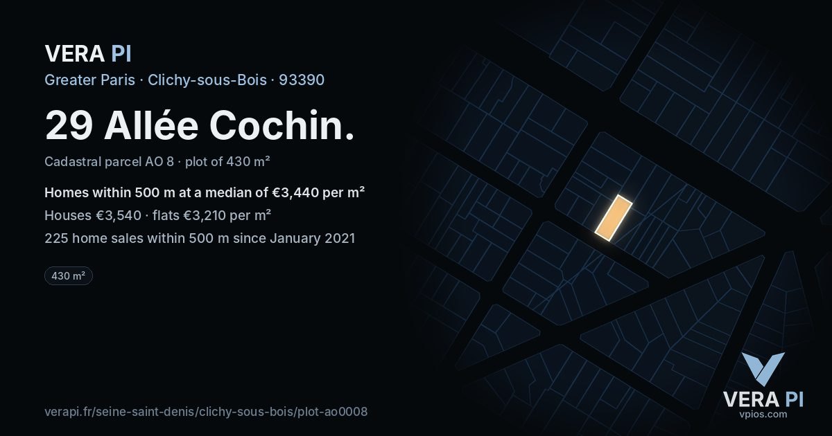 29 Allée Cochin, Clichy-sous-Bois at night – the plot lit, the parcels around coloured by the prices near them