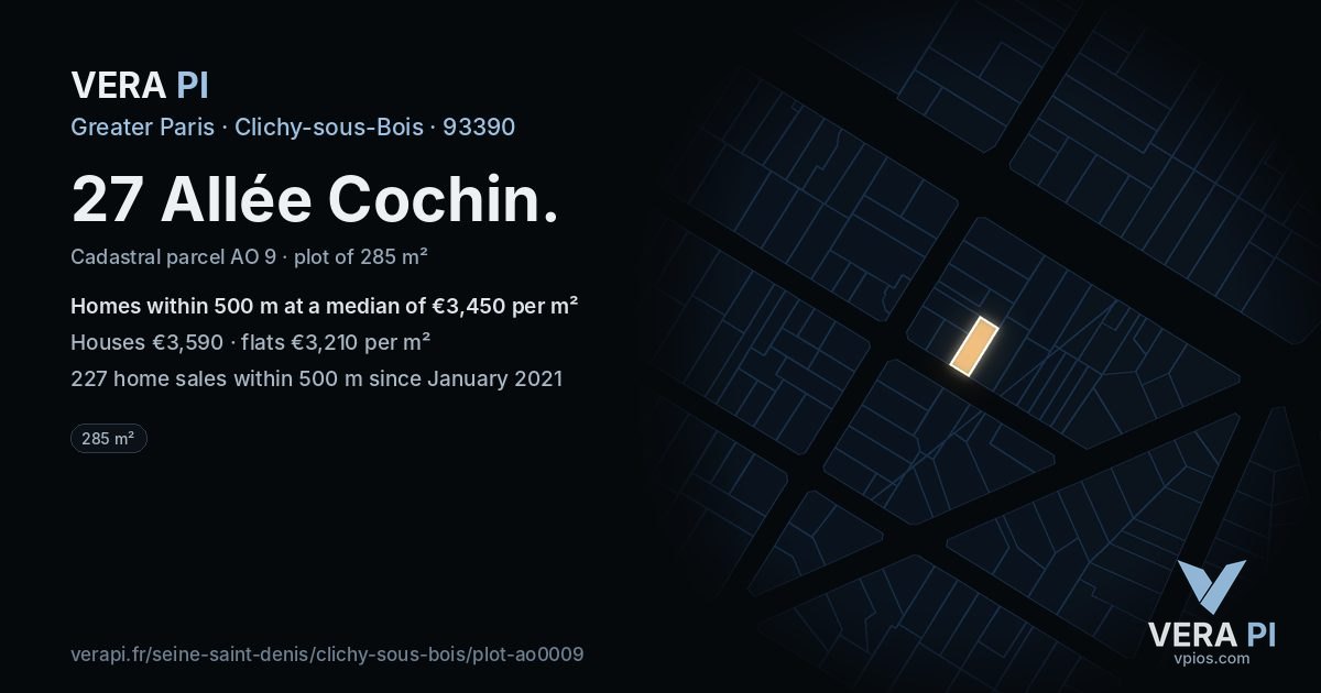 27 Allée Cochin, Clichy-sous-Bois at night – the plot lit, the parcels around coloured by the prices near them