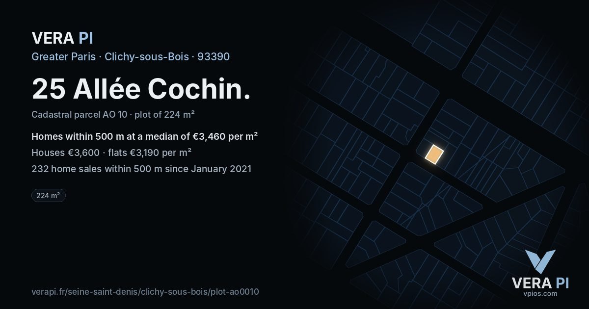 25 Allée Cochin, Clichy-sous-Bois at night – the plot lit, the parcels around coloured by the prices near them