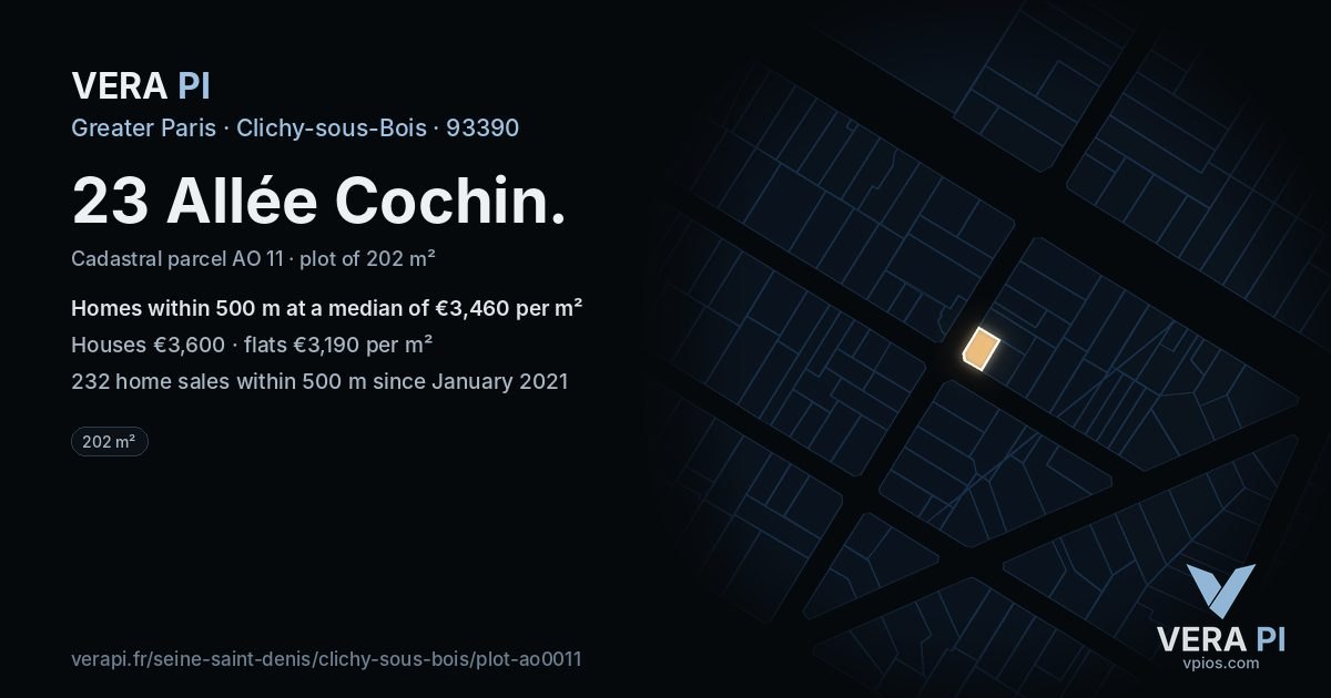 23 Allée Cochin, Clichy-sous-Bois at night – the plot lit, the parcels around coloured by the prices near them