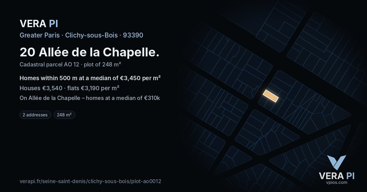 20 Allée de la Chapelle, Clichy-sous-Bois at night – the plot lit, the parcels around coloured by the prices near them