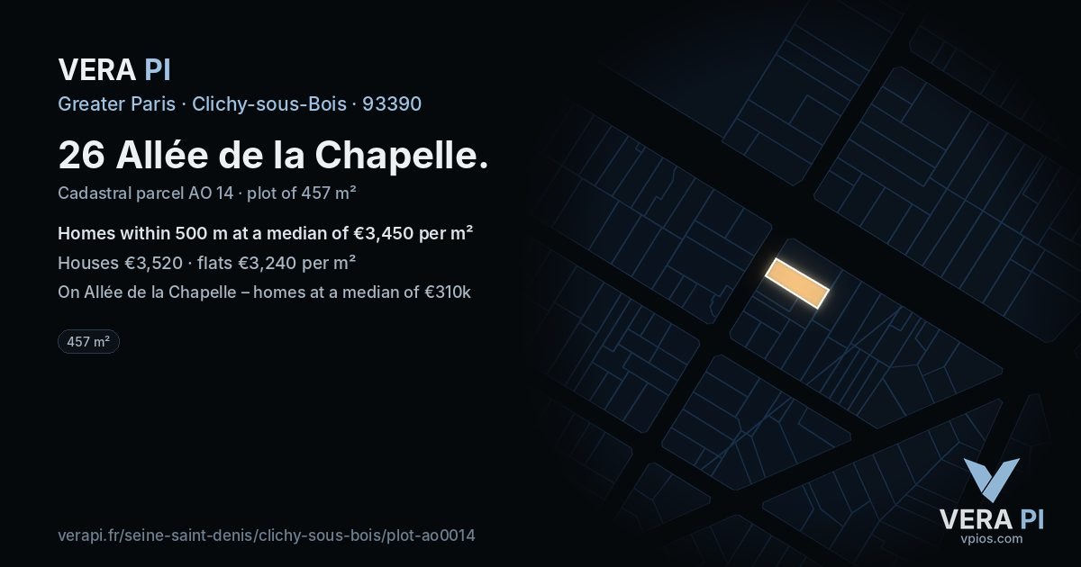 26 Allée de la Chapelle, Clichy-sous-Bois at night – the plot lit, the parcels around coloured by the prices near them