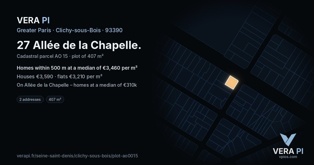 27 Allée de la Chapelle, Clichy-sous-Bois at night – the plot lit, the parcels around coloured by the prices near them