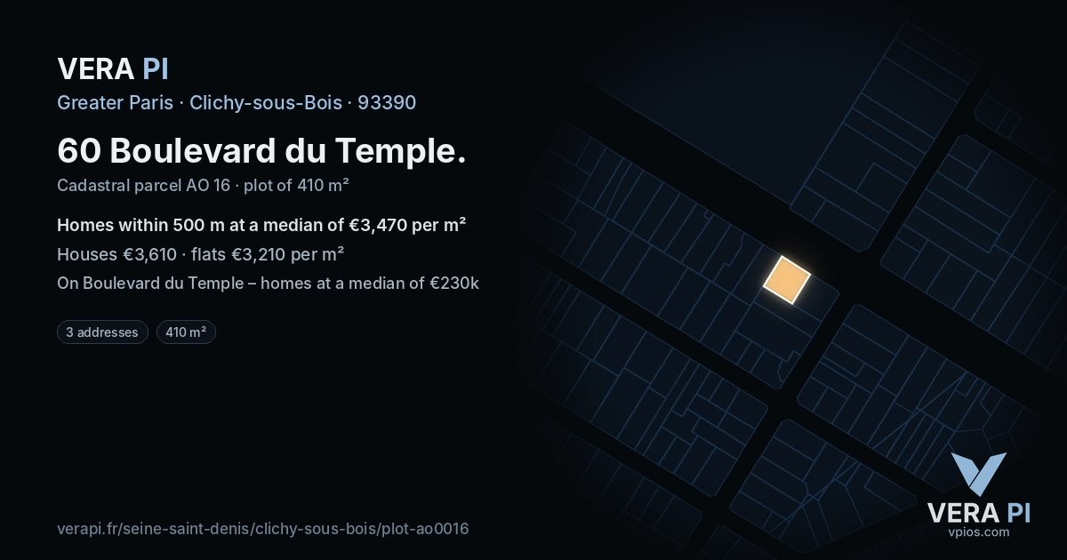 60 Boulevard du Temple, Clichy-sous-Bois at night – the plot lit, the parcels around coloured by the prices near them