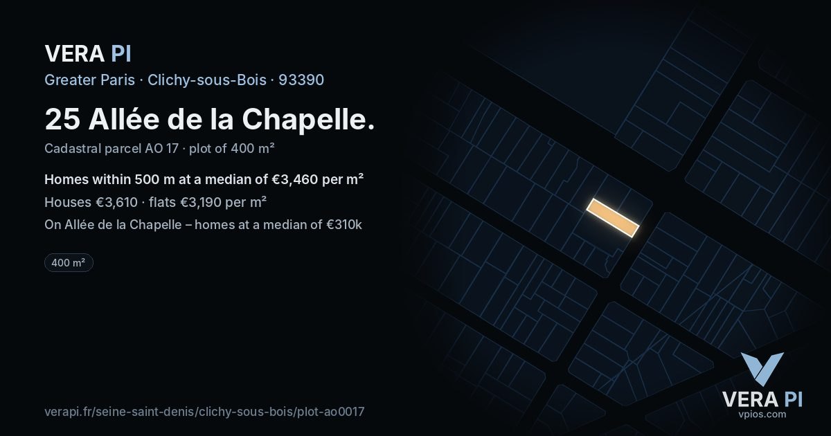 25 Allée de la Chapelle, Clichy-sous-Bois at night – the plot lit, the parcels around coloured by the prices near them