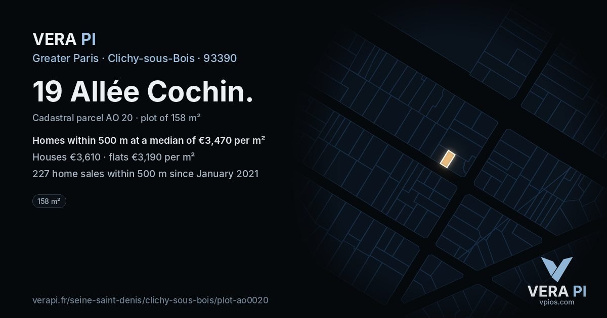 19 Allée Cochin, Clichy-sous-Bois at night – the plot lit, the parcels around coloured by the prices near them