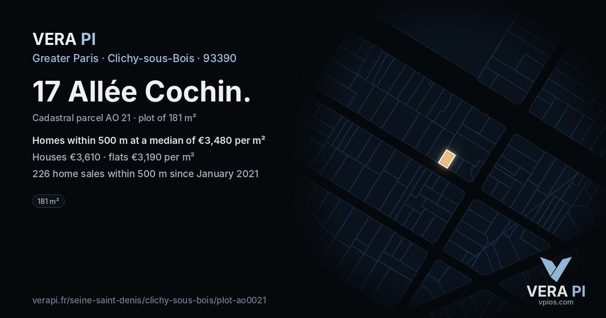17 Allée Cochin, Clichy-sous-Bois at night – the plot lit, the parcels around coloured by the prices near them