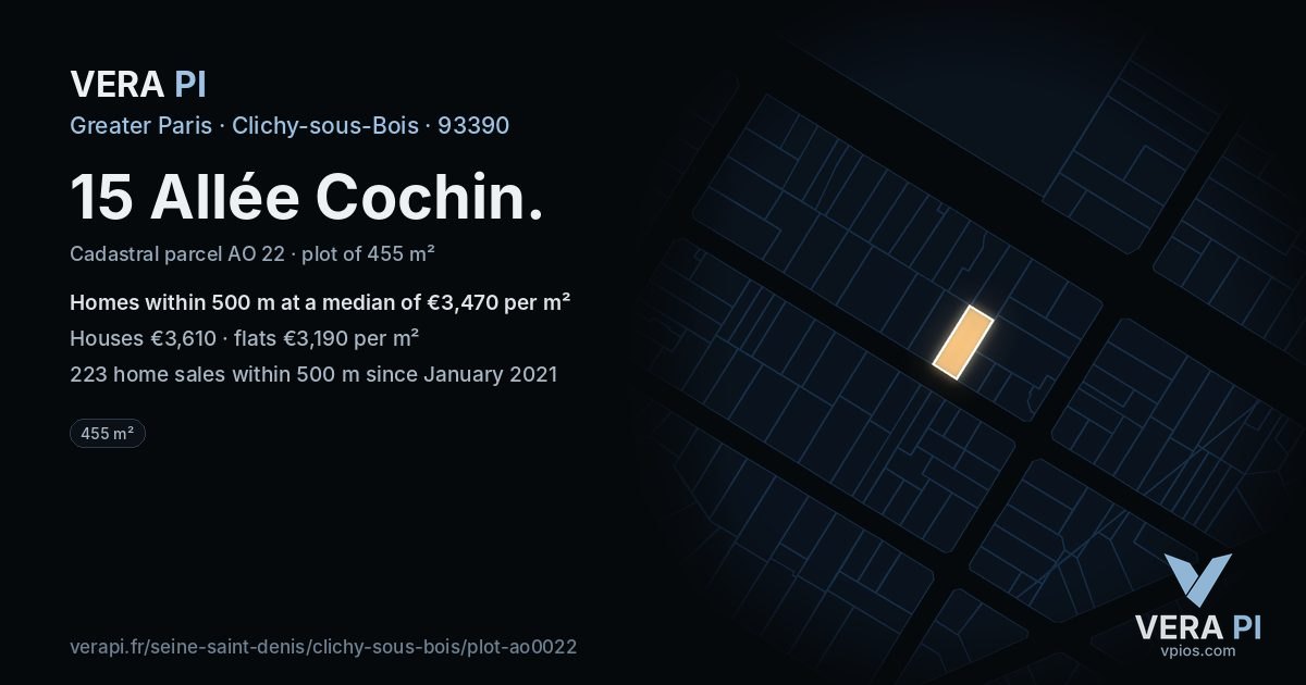15 Allée Cochin, Clichy-sous-Bois at night – the plot lit, the parcels around coloured by the prices near them