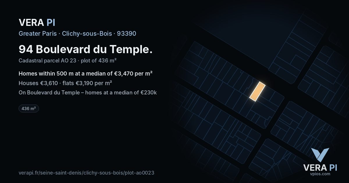 94 Boulevard du Temple, Clichy-sous-Bois at night – the plot lit, the parcels around coloured by the prices near them