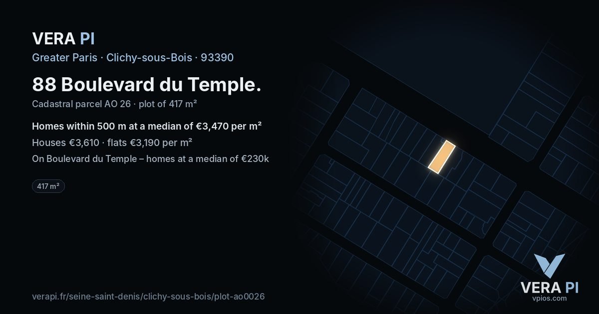 88 Boulevard du Temple, Clichy-sous-Bois at night – the plot lit, the parcels around coloured by the prices near them