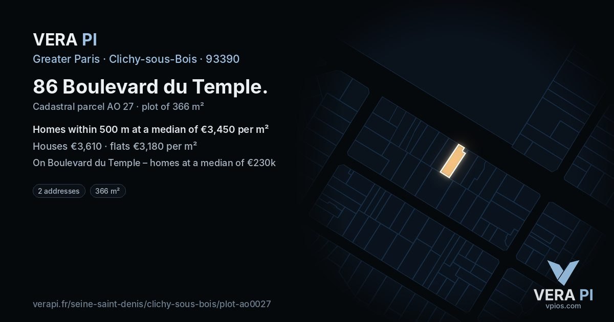 86 Boulevard du Temple, Clichy-sous-Bois at night – the plot lit, the parcels around coloured by the prices near them