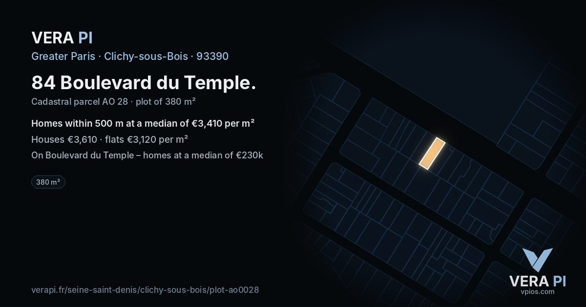 84 Boulevard du Temple, Clichy-sous-Bois at night – the plot lit, the parcels around coloured by the prices near them