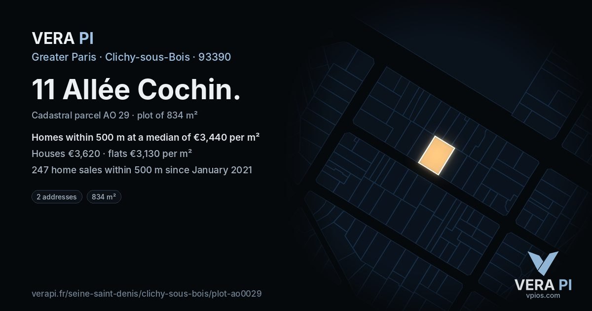 11 Allée Cochin, Clichy-sous-Bois at night – the plot lit, the parcels around coloured by the prices near them