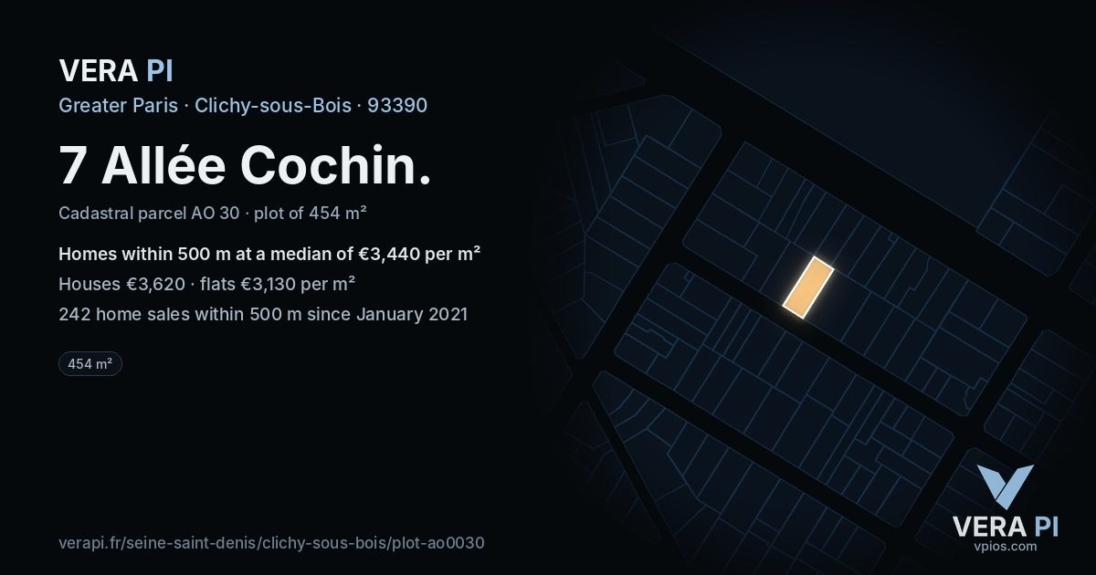7 Allée Cochin, Clichy-sous-Bois at night – the plot lit, the parcels around coloured by the prices near them
