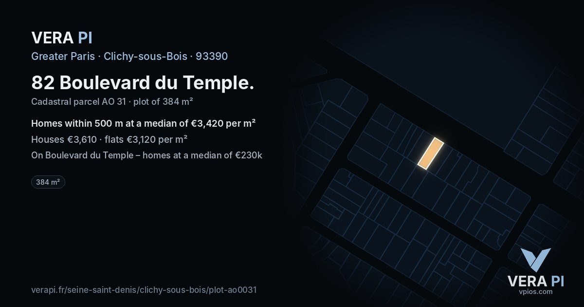 82 Boulevard du Temple, Clichy-sous-Bois at night – the plot lit, the parcels around coloured by the prices near them
