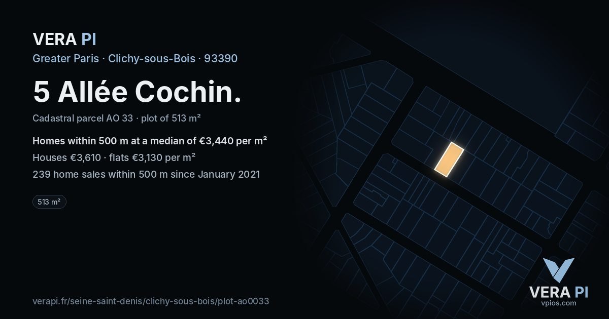 5 Allée Cochin, Clichy-sous-Bois at night – the plot lit, the parcels around coloured by the prices near them