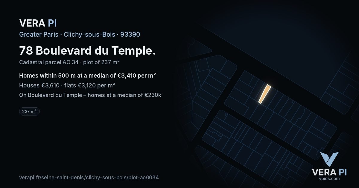 78 Boulevard du Temple, Clichy-sous-Bois at night – the plot lit, the parcels around coloured by the prices near them