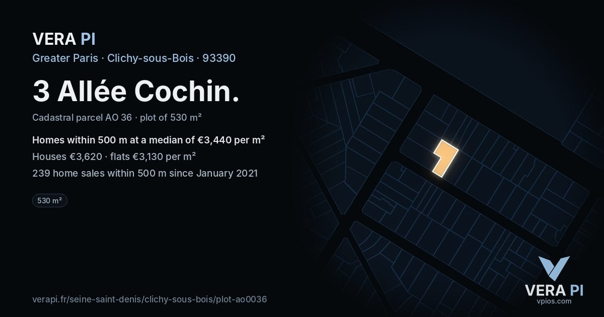 3 Allée Cochin, Clichy-sous-Bois at night – the plot lit, the parcels around coloured by the prices near them