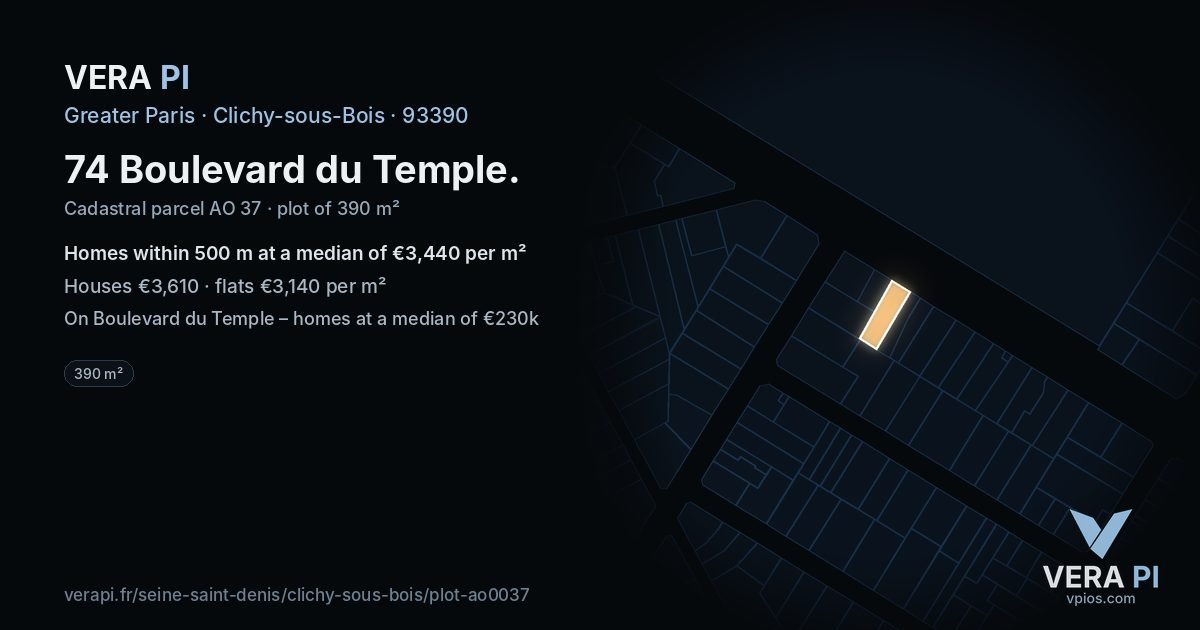74 Boulevard du Temple, Clichy-sous-Bois at night – the plot lit, the parcels around coloured by the prices near them
