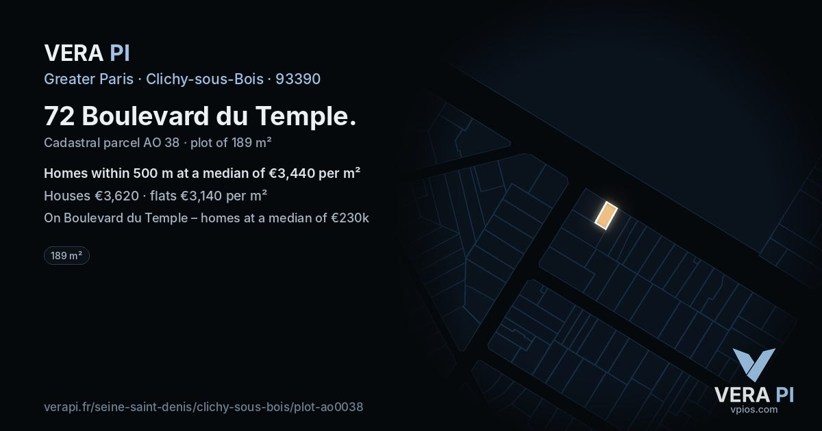 72 Boulevard du Temple, Clichy-sous-Bois at night – the plot lit, the parcels around coloured by the prices near them