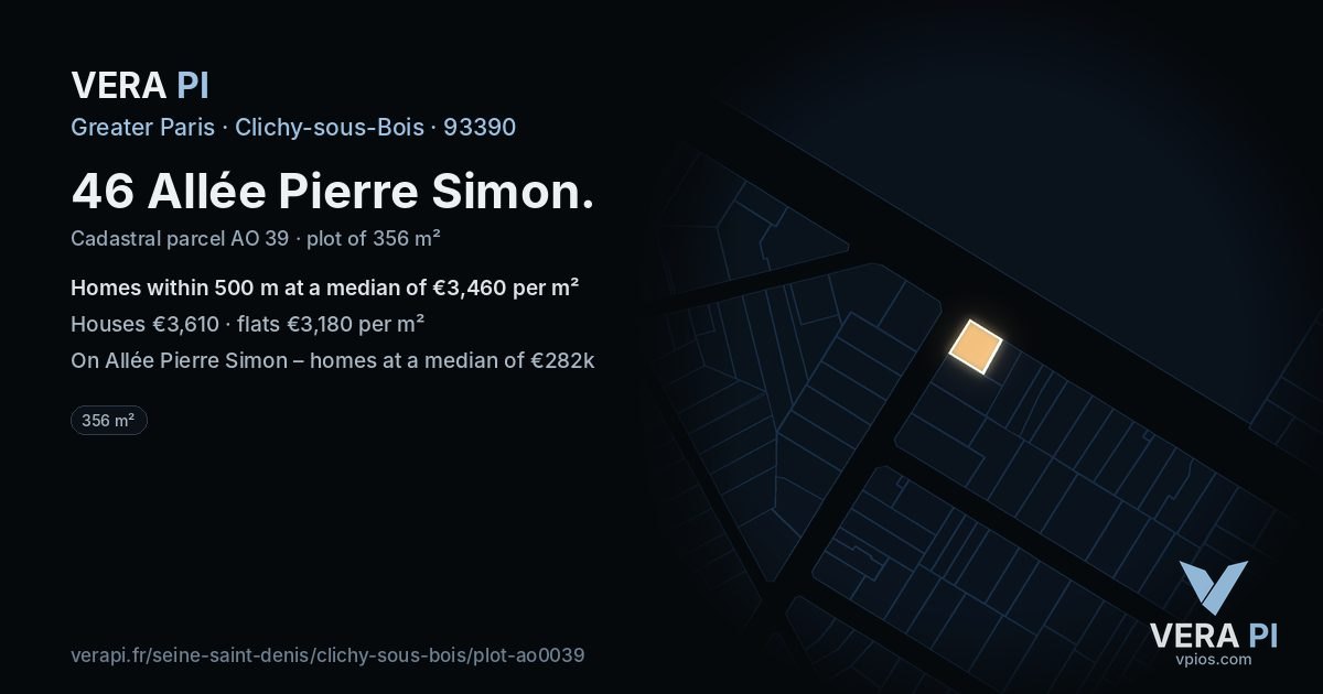 46 Allée Pierre Simon, Clichy-sous-Bois at night – the plot lit, the parcels around coloured by the prices near them
