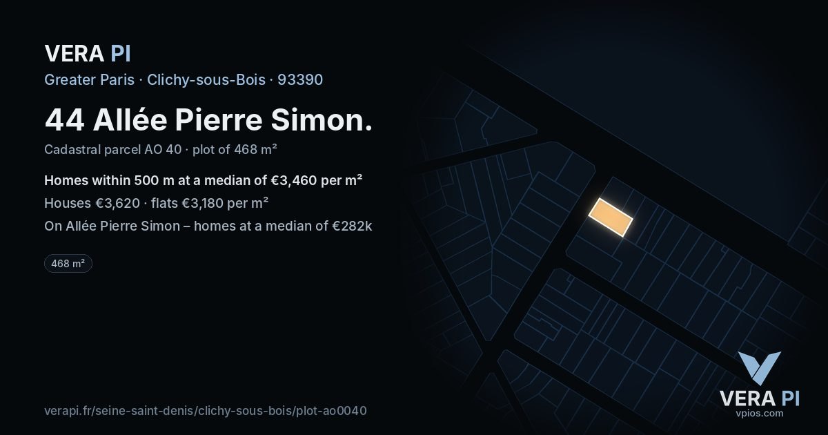 44 Allée Pierre Simon, Clichy-sous-Bois at night – the plot lit, the parcels around coloured by the prices near them