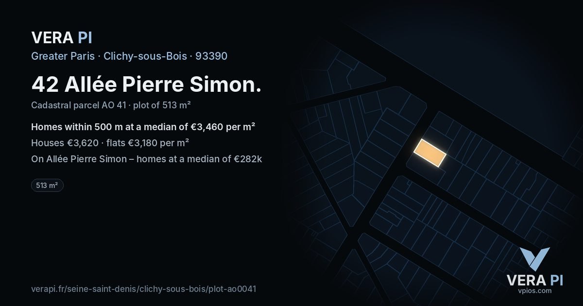 42 Allée Pierre Simon, Clichy-sous-Bois at night – the plot lit, the parcels around coloured by the prices near them