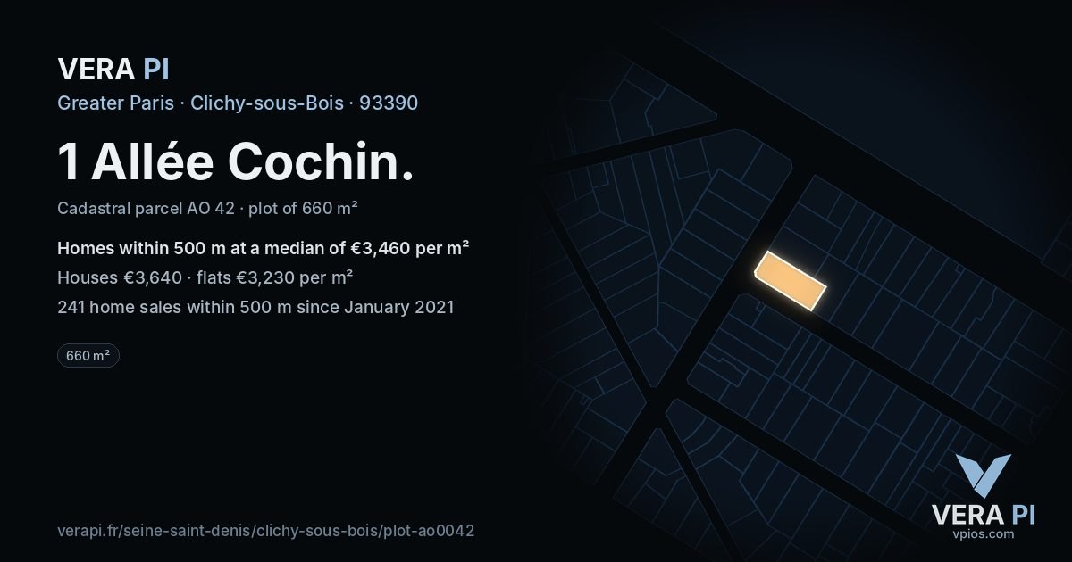 1 Allée Cochin, Clichy-sous-Bois at night – the plot lit, the parcels around coloured by the prices near them