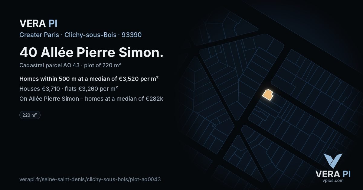 40 Allée Pierre Simon, Clichy-sous-Bois at night – the plot lit, the parcels around coloured by the prices near them