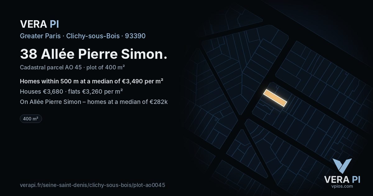 38 Allée Pierre Simon, Clichy-sous-Bois at night – the plot lit, the parcels around coloured by the prices near them