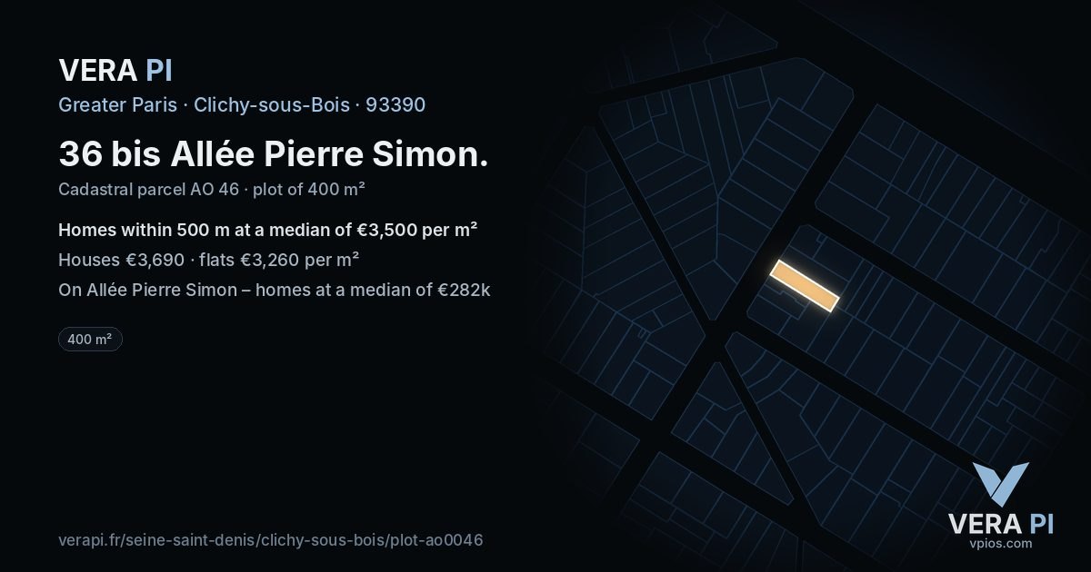36 bis Allée Pierre Simon, Clichy-sous-Bois at night – the plot lit, the parcels around coloured by the prices near them