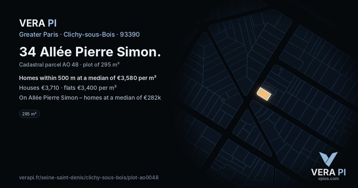 34 Allée Pierre Simon, Clichy-sous-Bois at night – the plot lit, the parcels around coloured by the prices near them