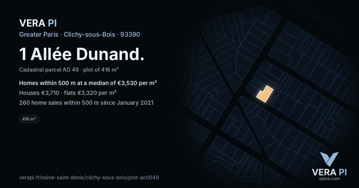 1 Allée Dunand, Clichy-sous-Bois at night – the plot lit, the parcels around coloured by the prices near them