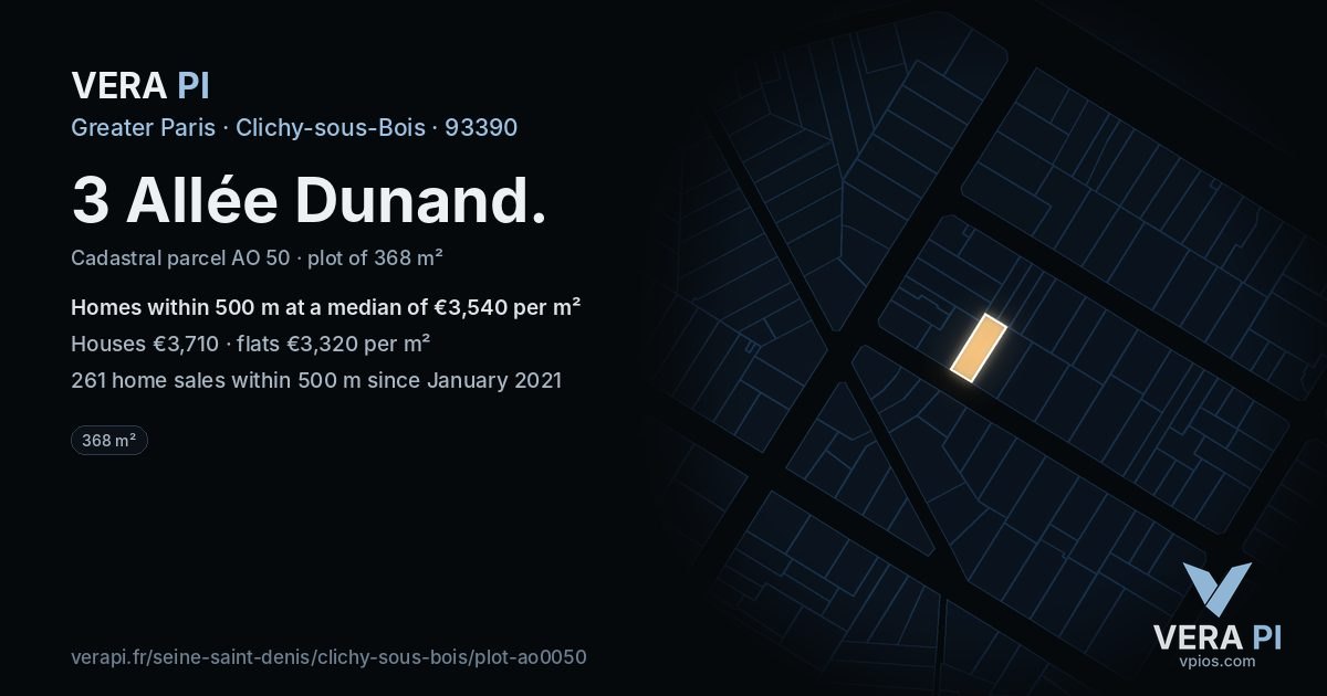 3 Allée Dunand, Clichy-sous-Bois at night – the plot lit, the parcels around coloured by the prices near them
