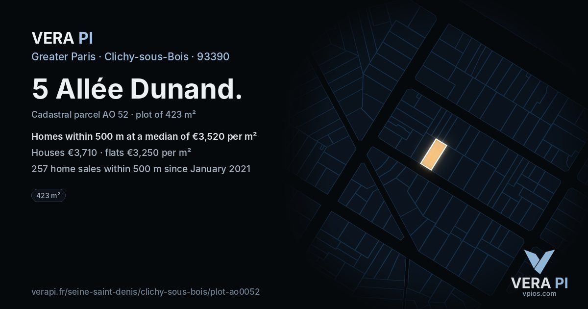 5 Allée Dunand, Clichy-sous-Bois at night – the plot lit, the parcels around coloured by the prices near them