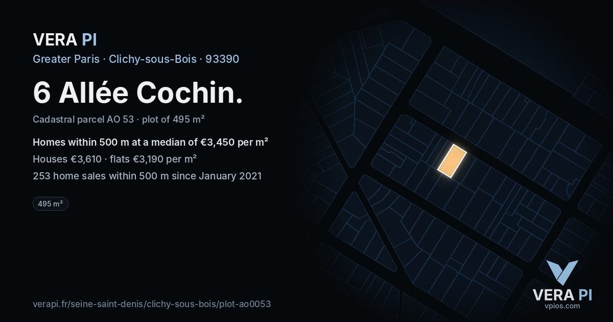 6 Allée Cochin, Clichy-sous-Bois at night – the plot lit, the parcels around coloured by the prices near them