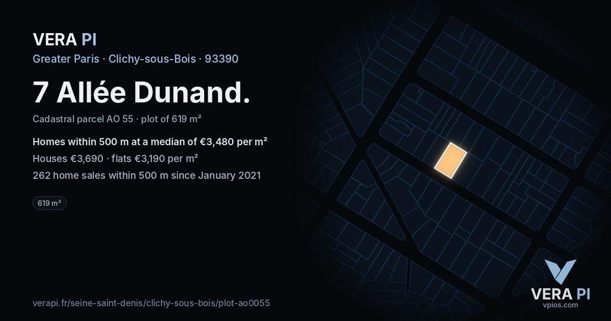 7 Allée Dunand, Clichy-sous-Bois at night – the plot lit, the parcels around coloured by the prices near them