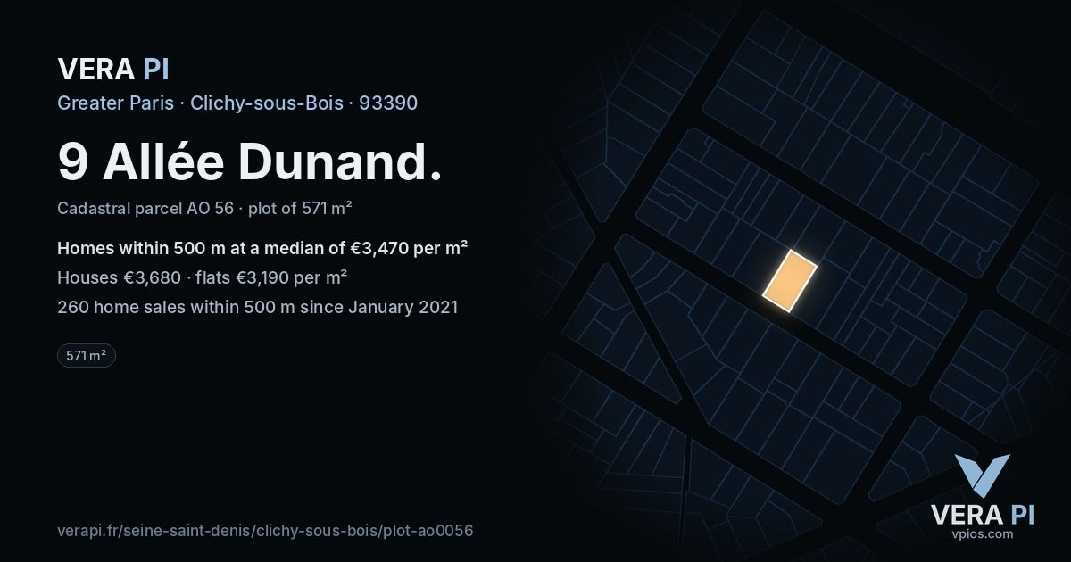 9 Allée Dunand, Clichy-sous-Bois at night – the plot lit, the parcels around coloured by the prices near them