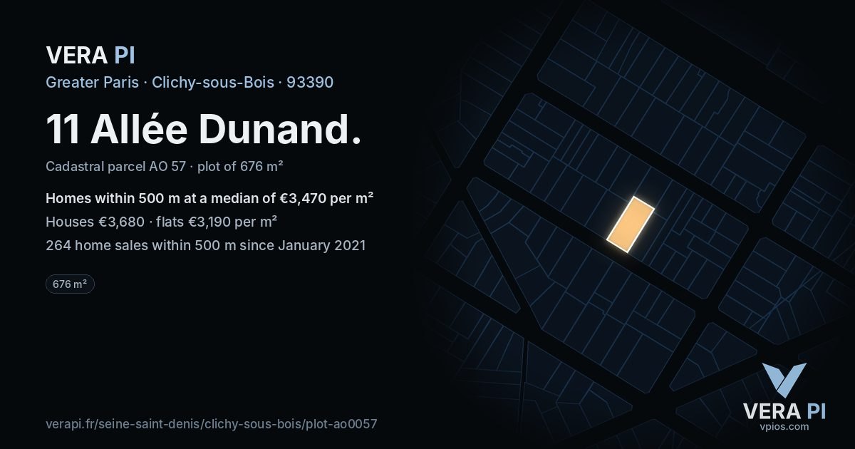 11 Allée Dunand, Clichy-sous-Bois at night – the plot lit, the parcels around coloured by the prices near them