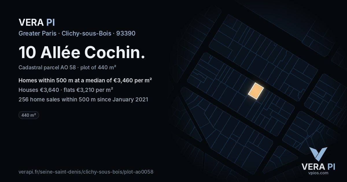 10 Allée Cochin, Clichy-sous-Bois at night – the plot lit, the parcels around coloured by the prices near them