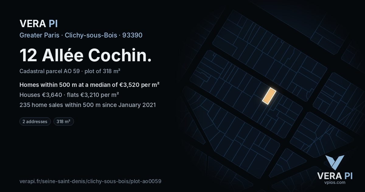 12 Allée Cochin, Clichy-sous-Bois at night – the plot lit, the parcels around coloured by the prices near them