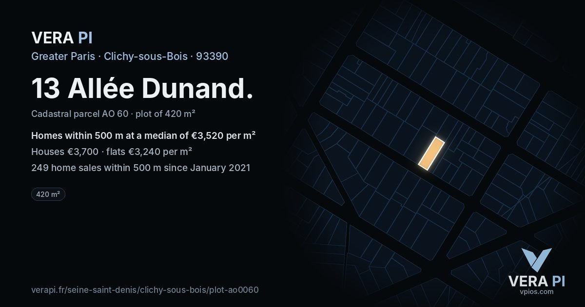 13 Allée Dunand, Clichy-sous-Bois at night – the plot lit, the parcels around coloured by the prices near them