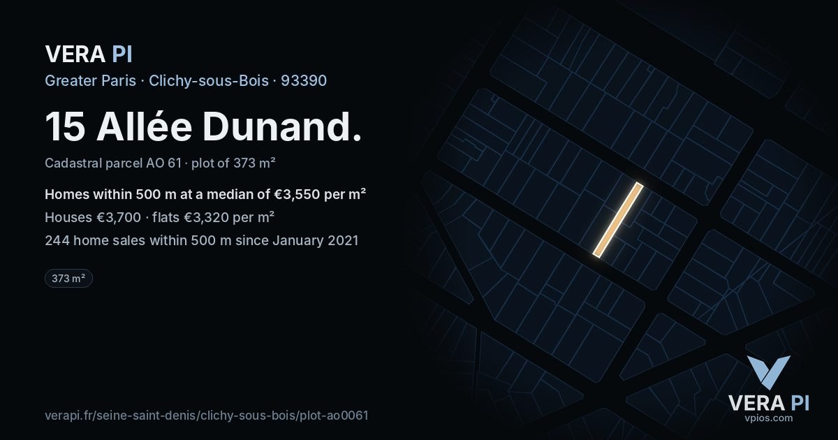 15 Allée Dunand, Clichy-sous-Bois at night – the plot lit, the parcels around coloured by the prices near them